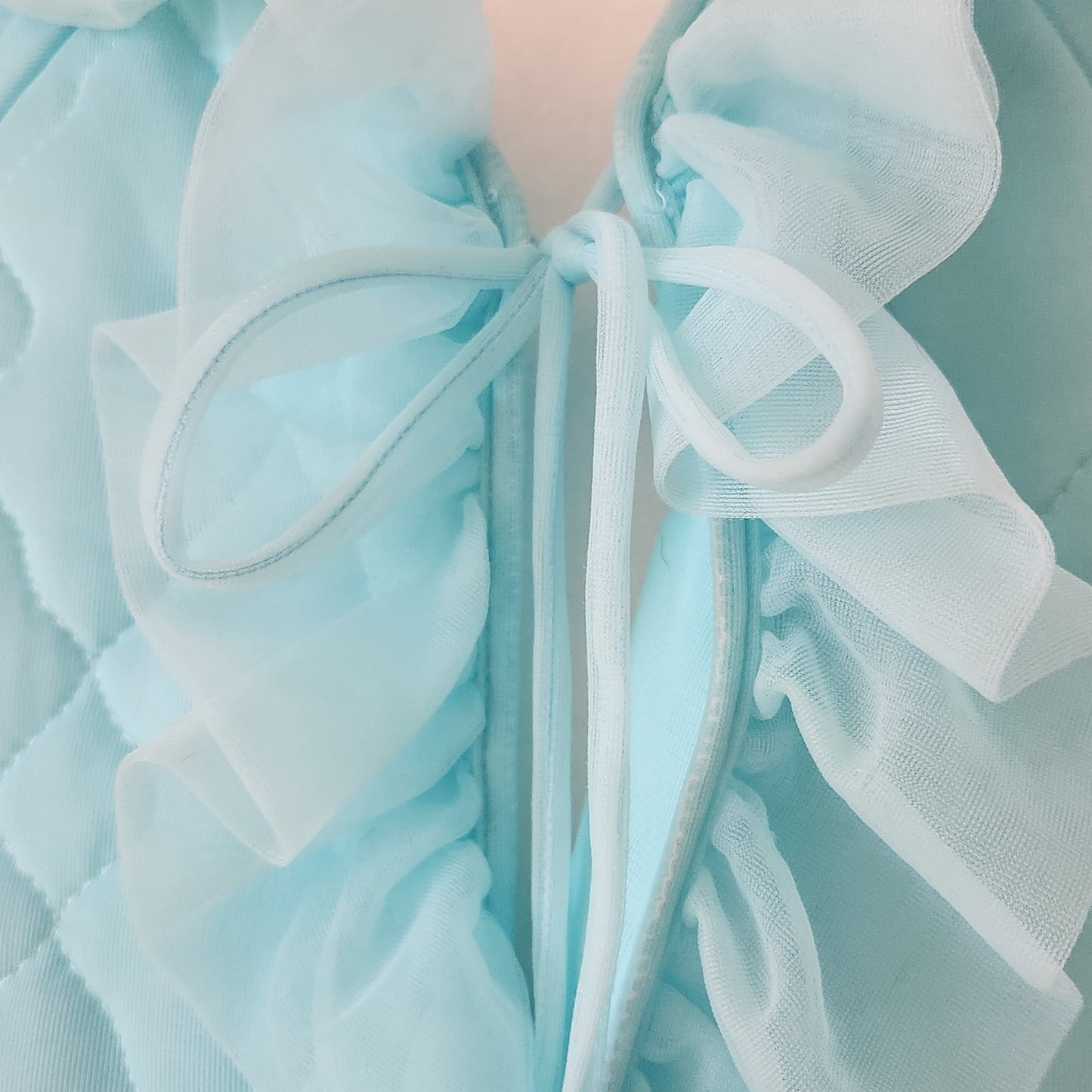 1960s Aqua Blue Quilted Nylon Bed Jacket with Ruffle Trim | Made in California | Women's M