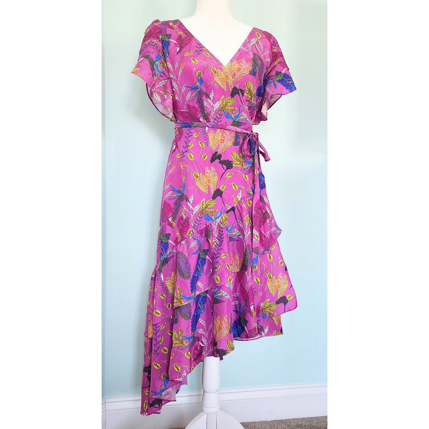 Tanya Taylor Dita Silk Wrap Ruffle Dress – Jungle Leaves Purple – Size 8