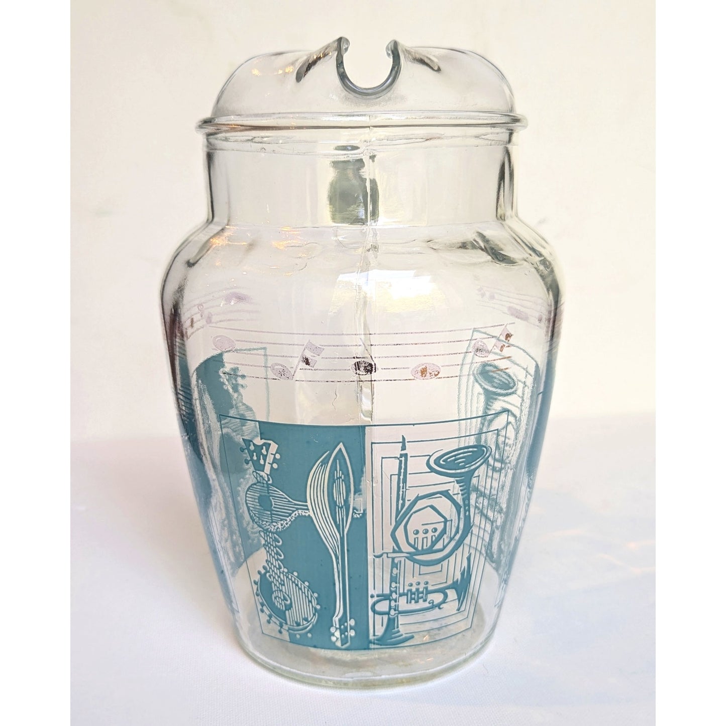 Vintage 1950s Glass Pitcher with Aqua Musical Instruments & Notes – Tall Ice Lip Pitcher – Mid-Century Barware | Home