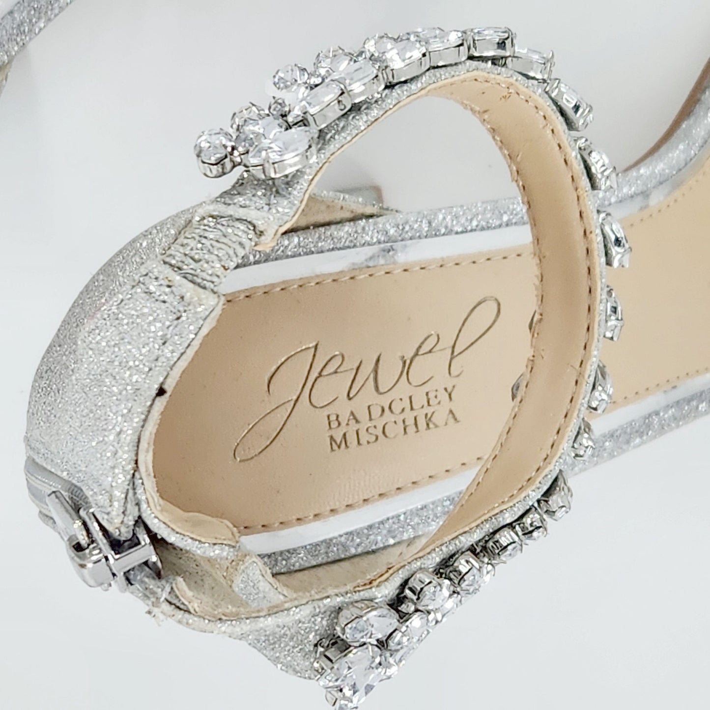 Jewel by Badgley Mischka Women’s Mayra Ankle Strap Evening Shoes – Silver – Size 9.5