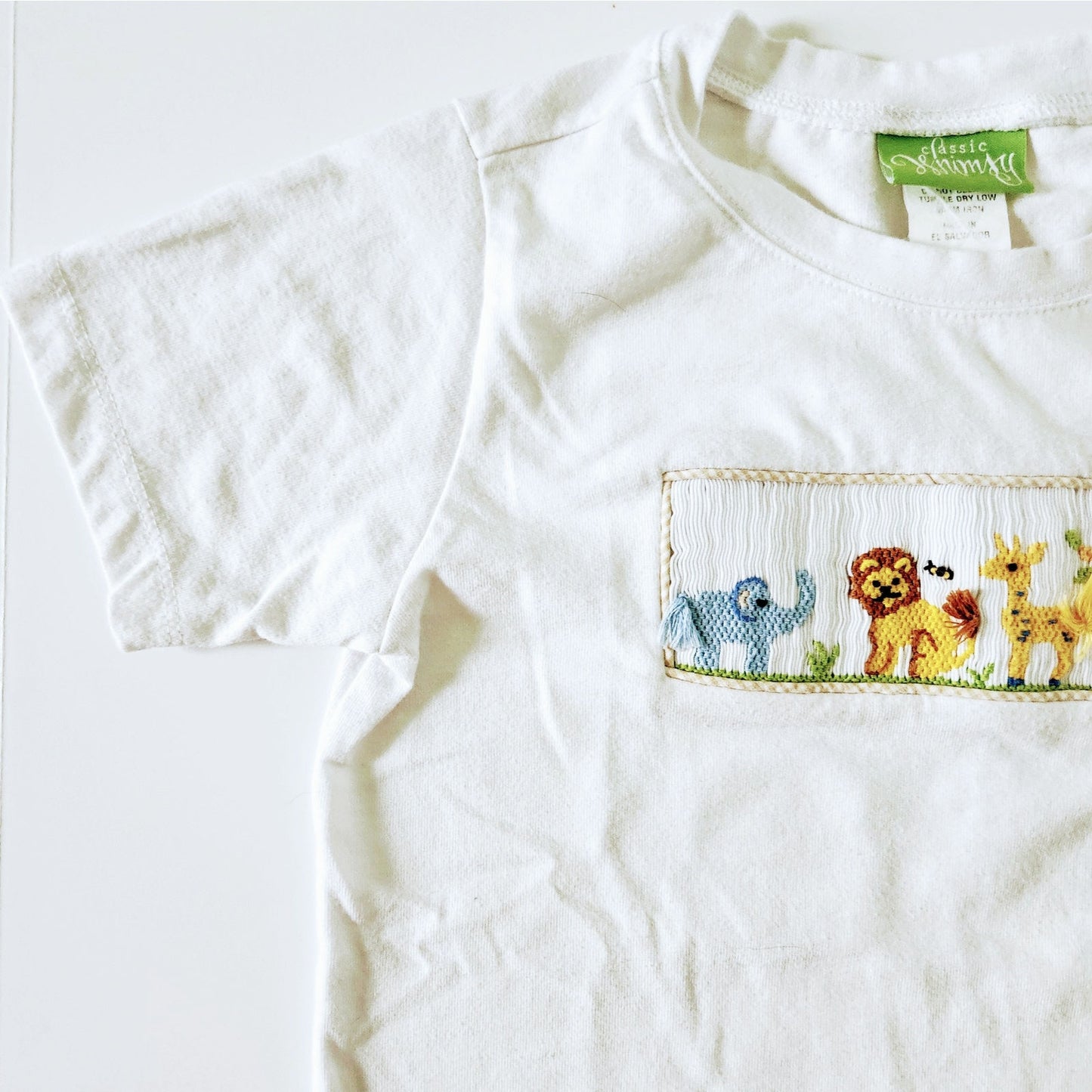🦁Classic Whimsy Toddler Jungle Animal Smocked Tee – Safari Embroidered Shirt, Kids Size 5