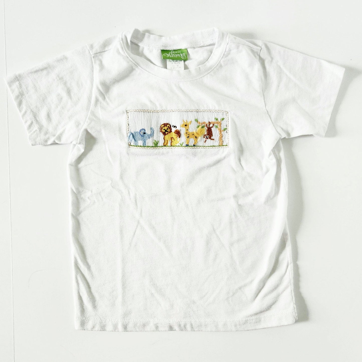 🦁Classic Whimsy Toddler Jungle Animal Smocked Tee – Safari Embroidered Shirt, Kids Size 5