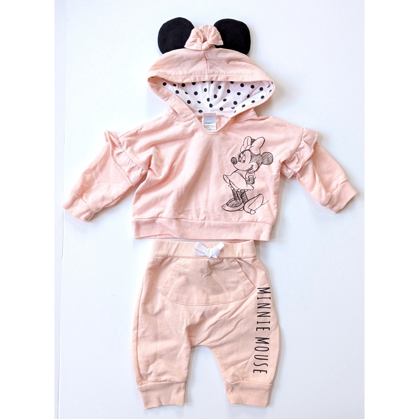 Disney Baby Minnie Mouse Hooded Ears Peach Sweatsuit Two Piece 3 mos