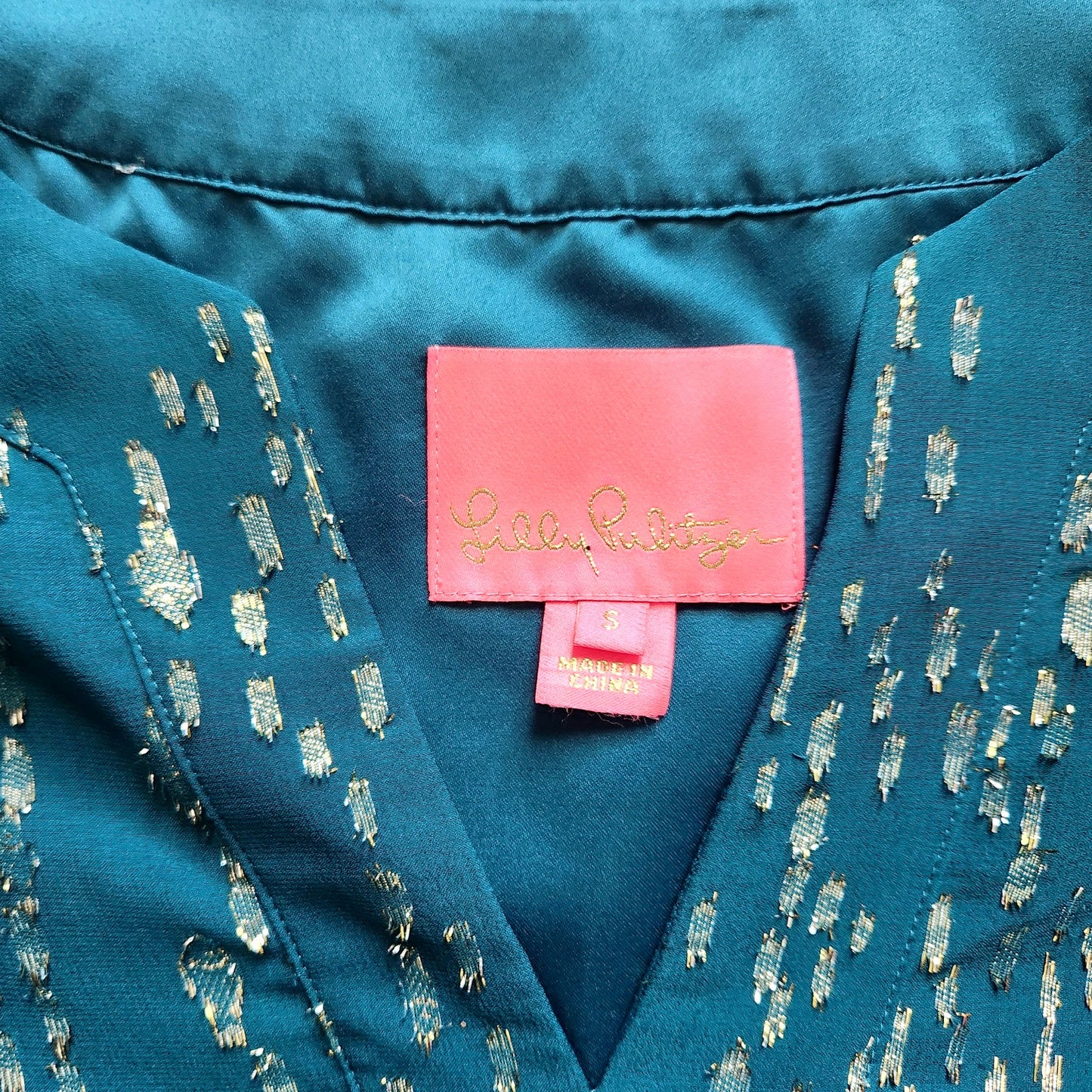 Lilly Pulitzer Women's Elenora Silk Teal & Metallic Gold 3/4 Sleeves Mini Dress Size S