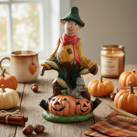1970s Hand-Painted Ceramic Scarecrow & Pumpkin Jack-o'-Lantern Luminary