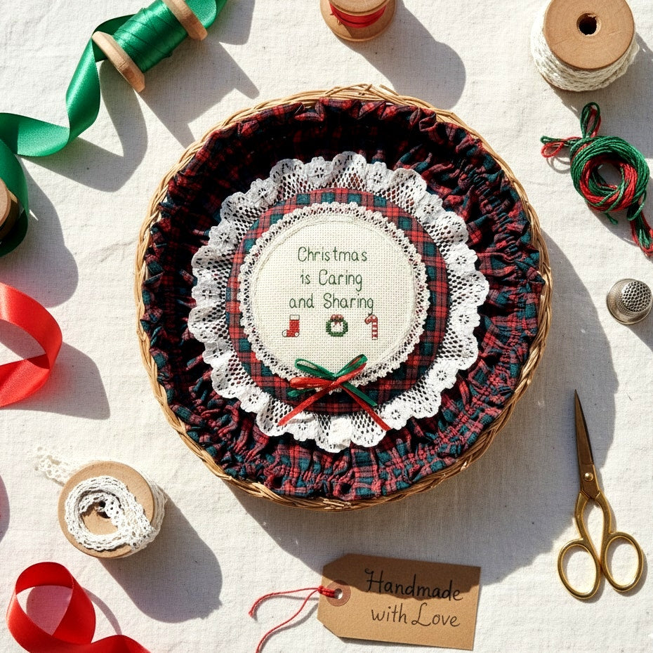 🎁 Vintage 1987 Christmas Cross Stitch Wall Basket – “Christmas is Caring and Sharing” – B. Bartusek Simple Country Pleasures