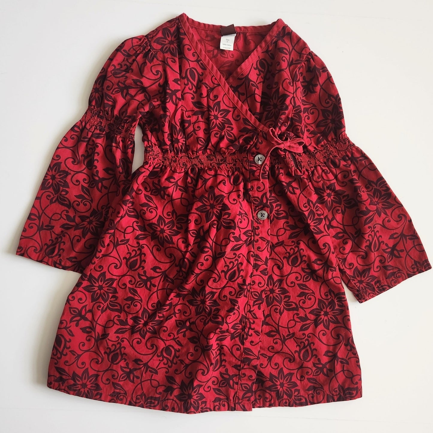 Red Floral Scroll Wrap Dress | Long Bell Sleeves | Girls Size 5