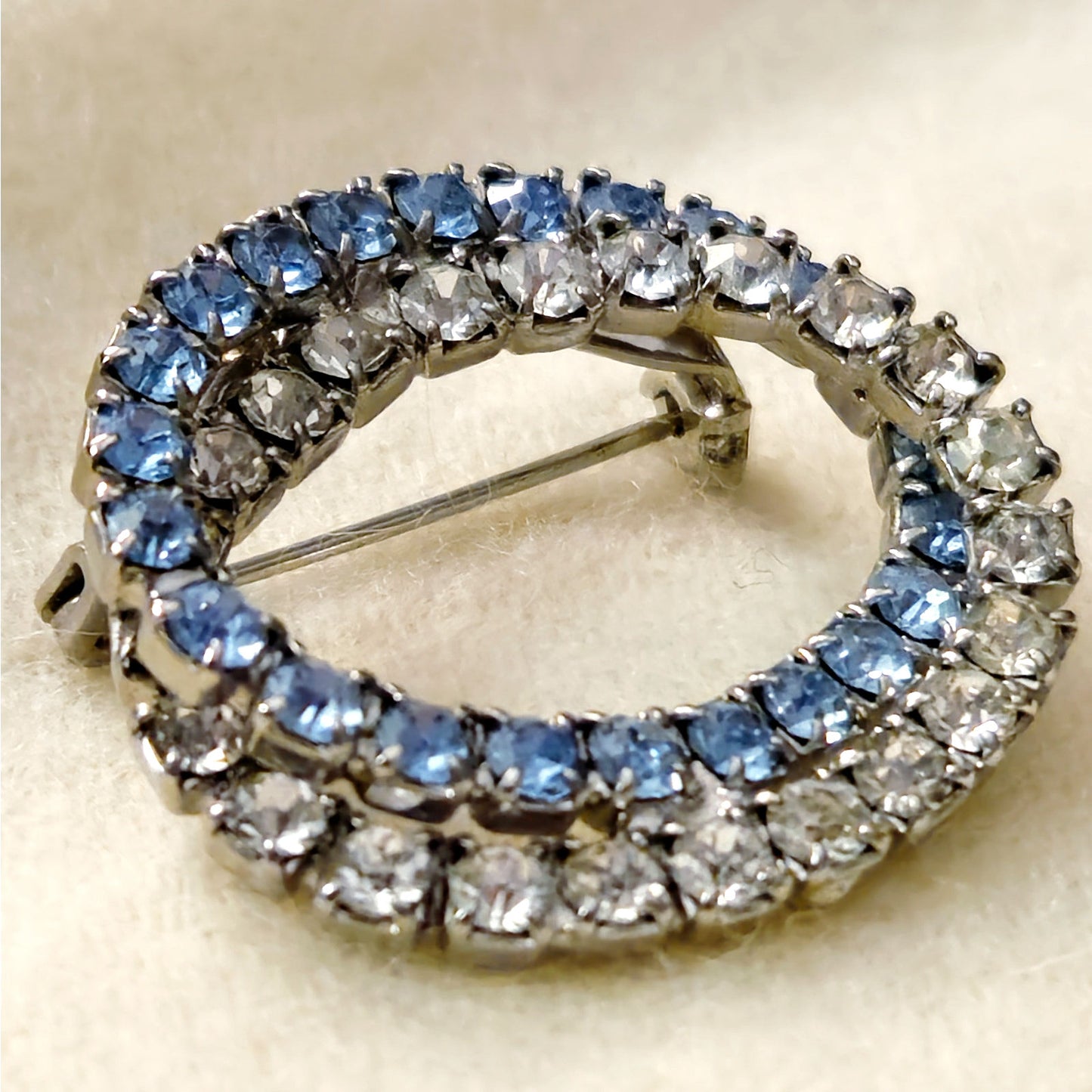 Vintage Sapphire Blue and Diamond Rhinestone Circle Brooch | Mid Century Double Row Wreath Pin