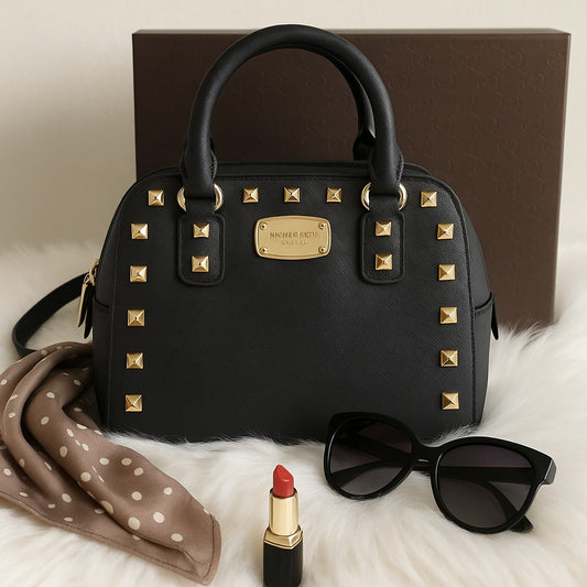 MICHAEL Michael Kors Women's Black Saffiano Leather Small Studded Sandrine Satchel