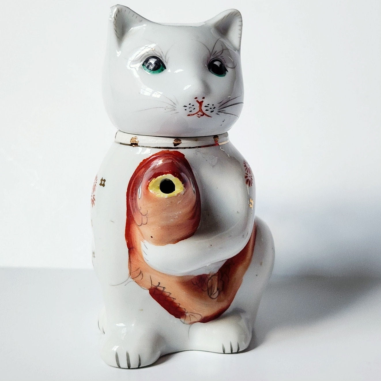 Vintage Cat & Koi Porcelain Teapot