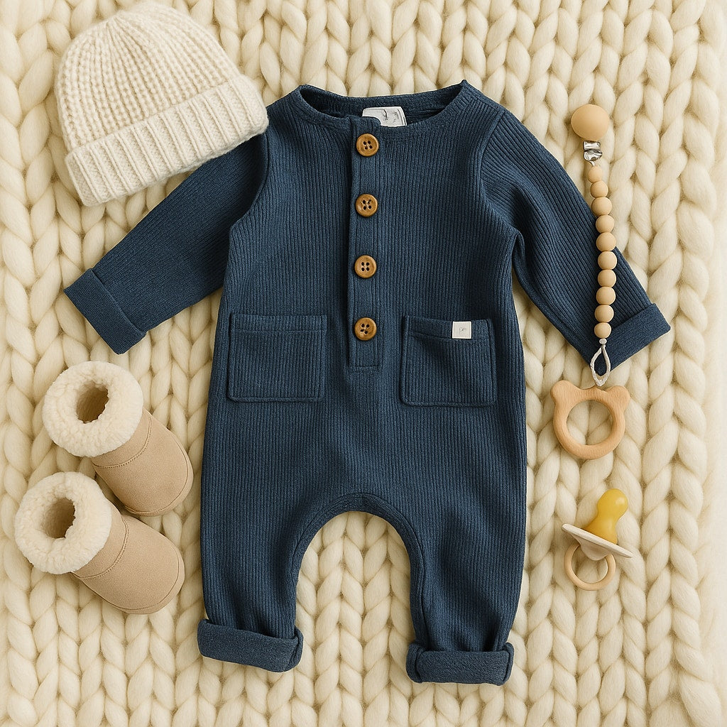 Waffle Knit Romper with Coconut Buttons | Slate Blue | Size 6-9 Months