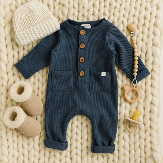 Waffle Knit Romper with Coconut Buttons | Slate Blue | Size 6-9 Months