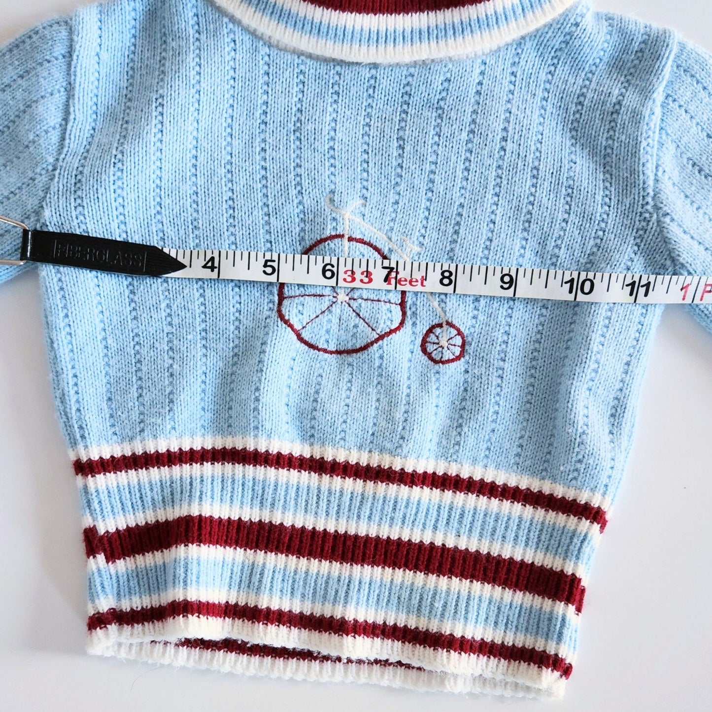 1960s Turtleneck Sweater – Baby Blue with Penny Farthing Embroidery – Size 2T