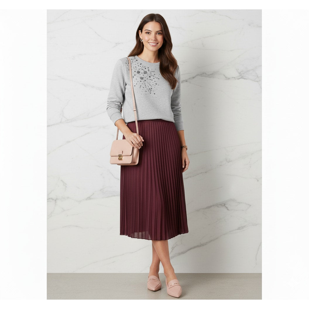 Embellished Gray Crewneck Sweatshirt | Smoky Silver Studs | Women's L