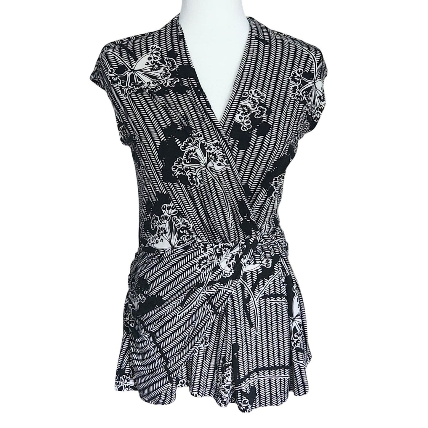 Anthropologie Deletta Lorine Faux Wrap Top | Black White Floral Chevron | Women's M