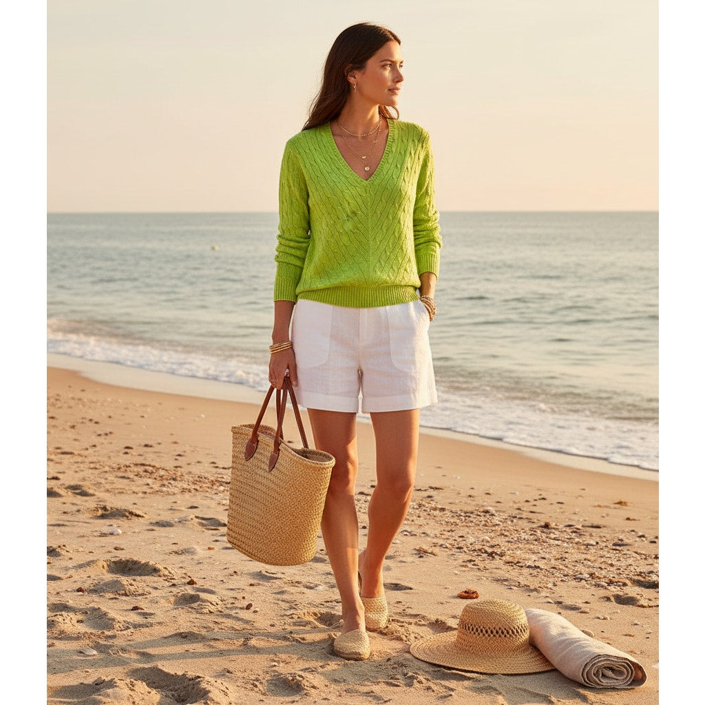 100% Silk Cable Knit V-Neck Sweater | Women's L | Slim Fit