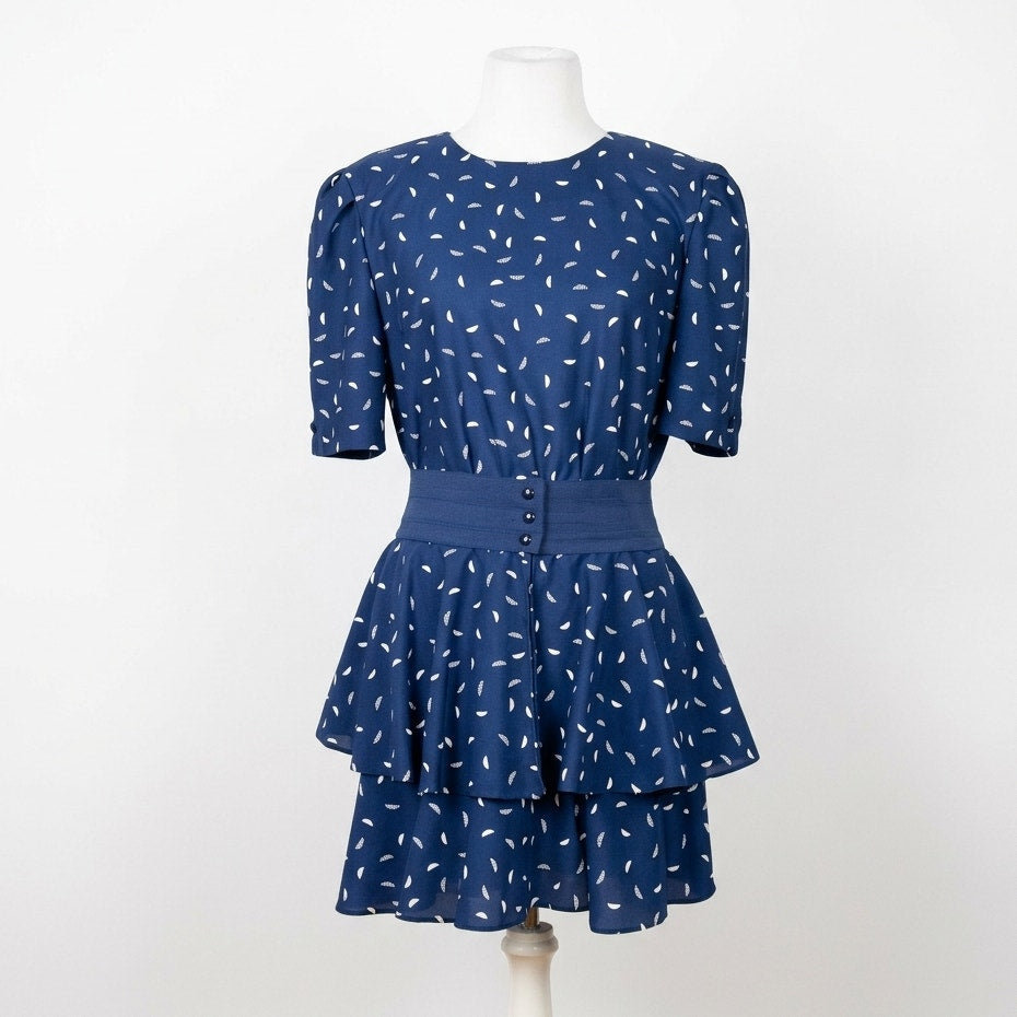 Jenny Vintage 1980s Navy Drop Waist Dress w/ Detachable Flounce | Women's 8