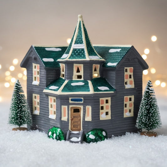 Vintage 1986 Dept 56 Bayport Snowhouse Series Lighted House | Gray Victorian Christmas Village Home | Ceramic Holiday Decor