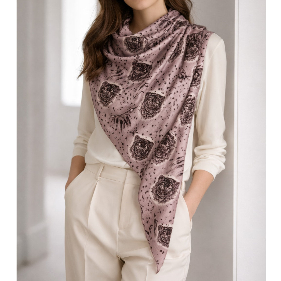 Vintage Safari Animal Print Silk-Feel Scarf – Mauve Square