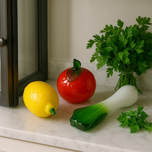 Vintage Murano Style Glass Fruit & Vegetable Figurines – Lemon, Tomato & Leek – Hand Blown Glass Kitchen Decor, Collectible Home Decor