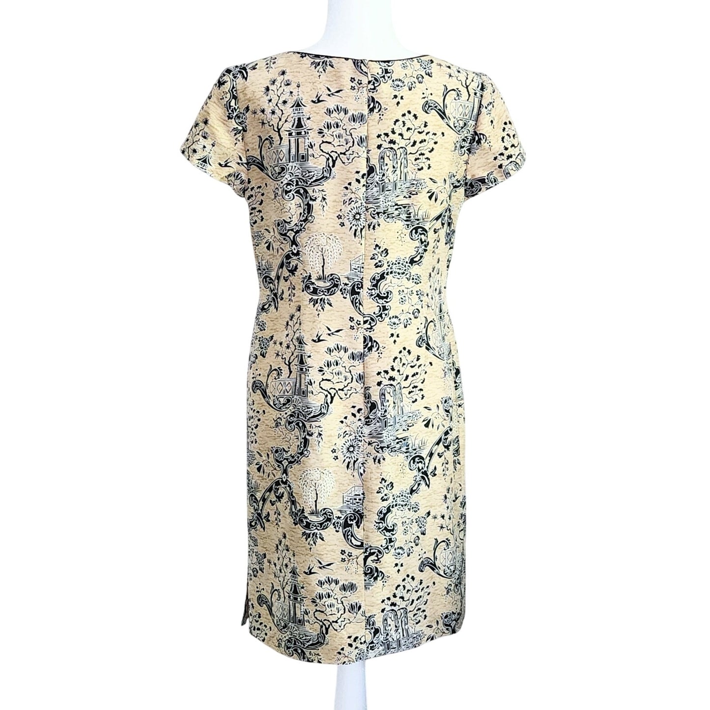 Talbots 100% Silk Sheath Dress – Asian Motif Beige & Black Women's Size 10