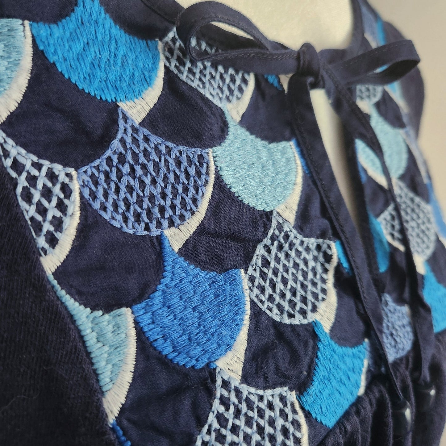 Boden Women's Blue 3/4 Sleeve Cotton Boho Embroidered Bib Tunic Top US 6 | UK 10