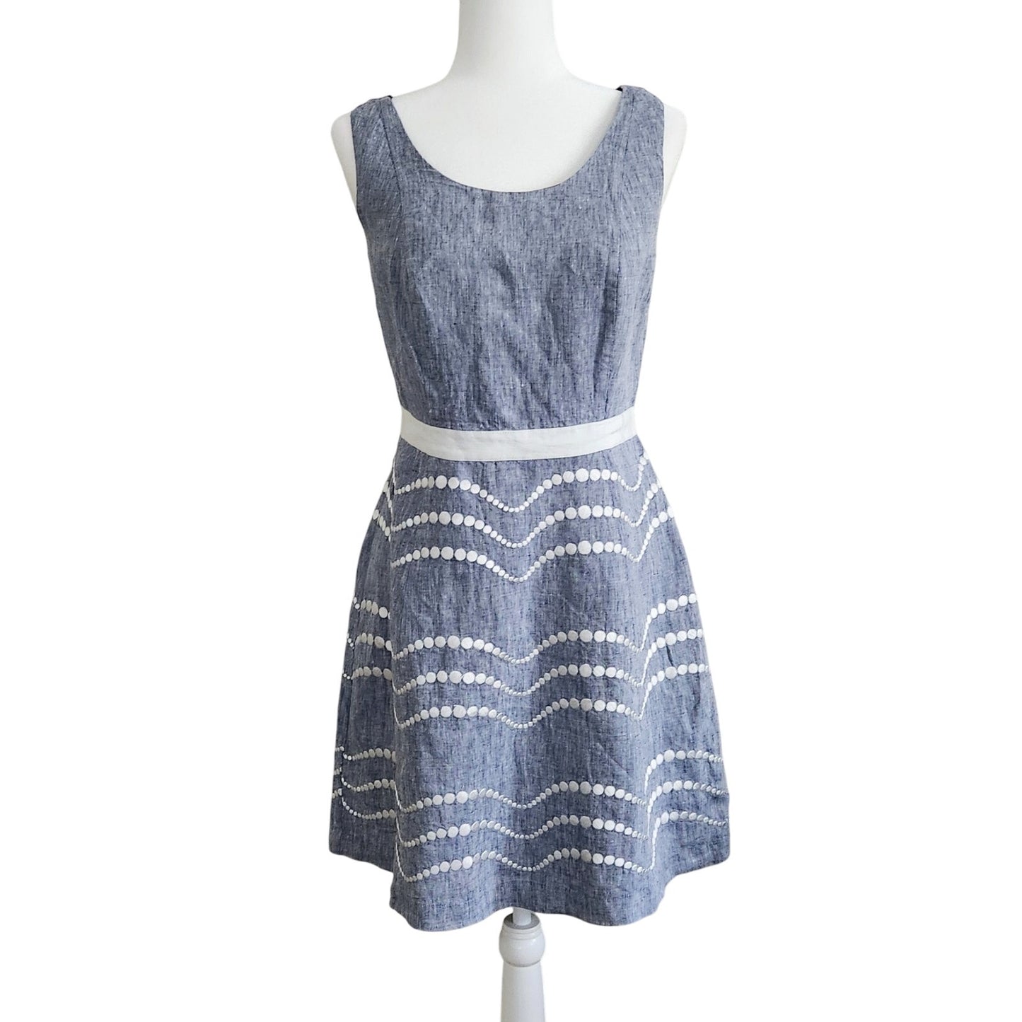 Boden Chambray Wave Dot Linen Dress Blue White Polka Dot A-Line Sleeveless Women's Size 6