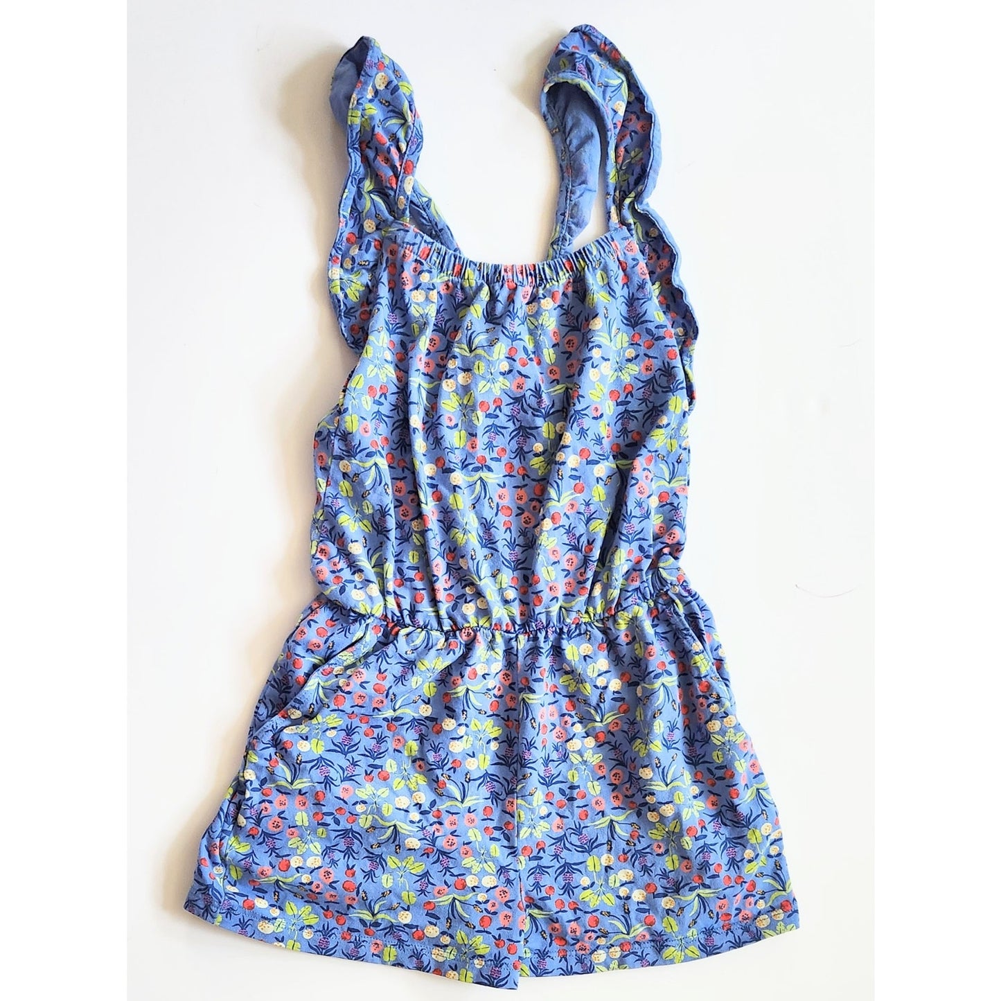 Tea Collection Girls Blue Cotton Floral Ruffle Strap Romper Jumper | Size 5