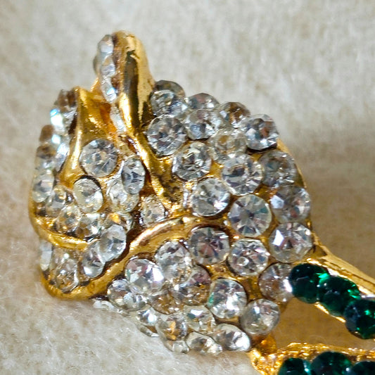 Vintage Jonette JJ Rose Brooch | 1980s Gold Tone Rhinestone Flower Pin | Emerald Green & Clear Crystal