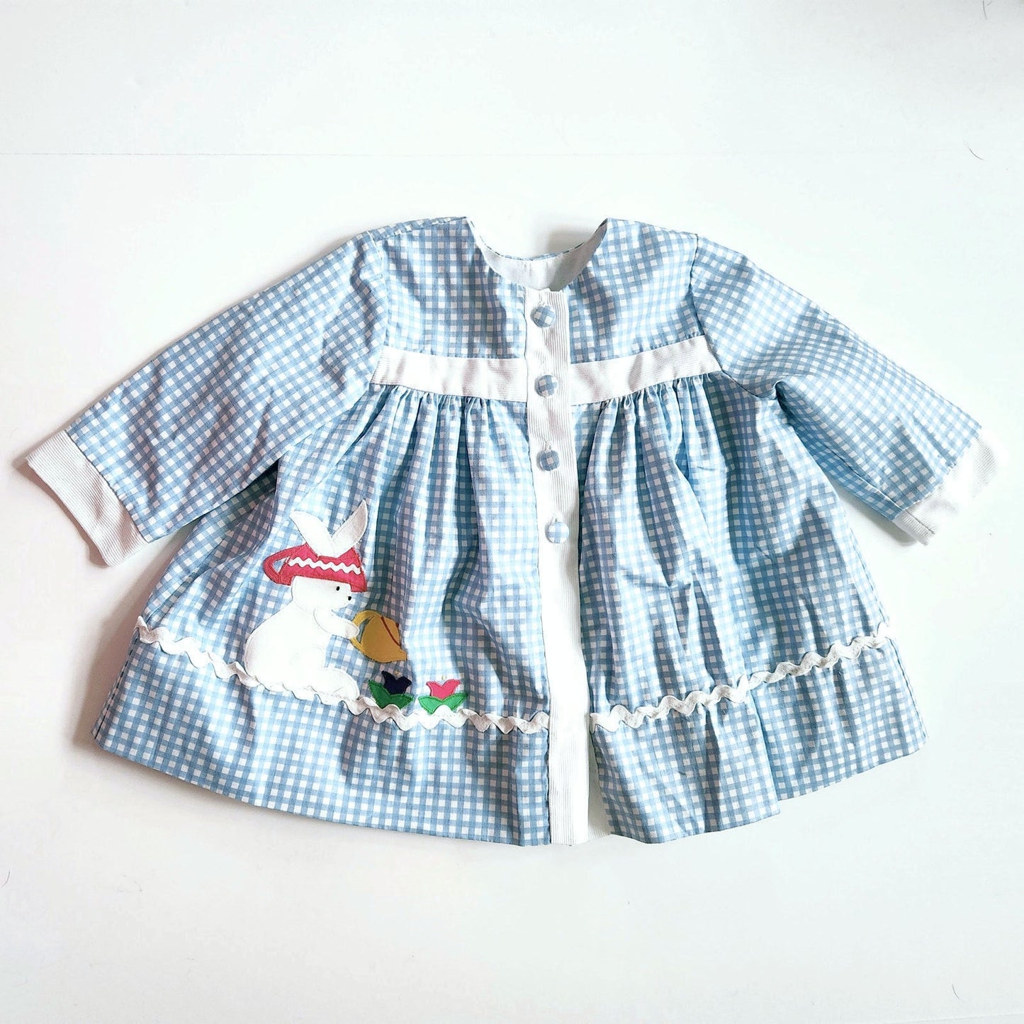 Vintage 1980s Baby Girl Dress – Blue Gingham Bunny Rabbit & Tulip Teapot Appliqué – Infant 18 Months Easter Spring Tea Party Outfit