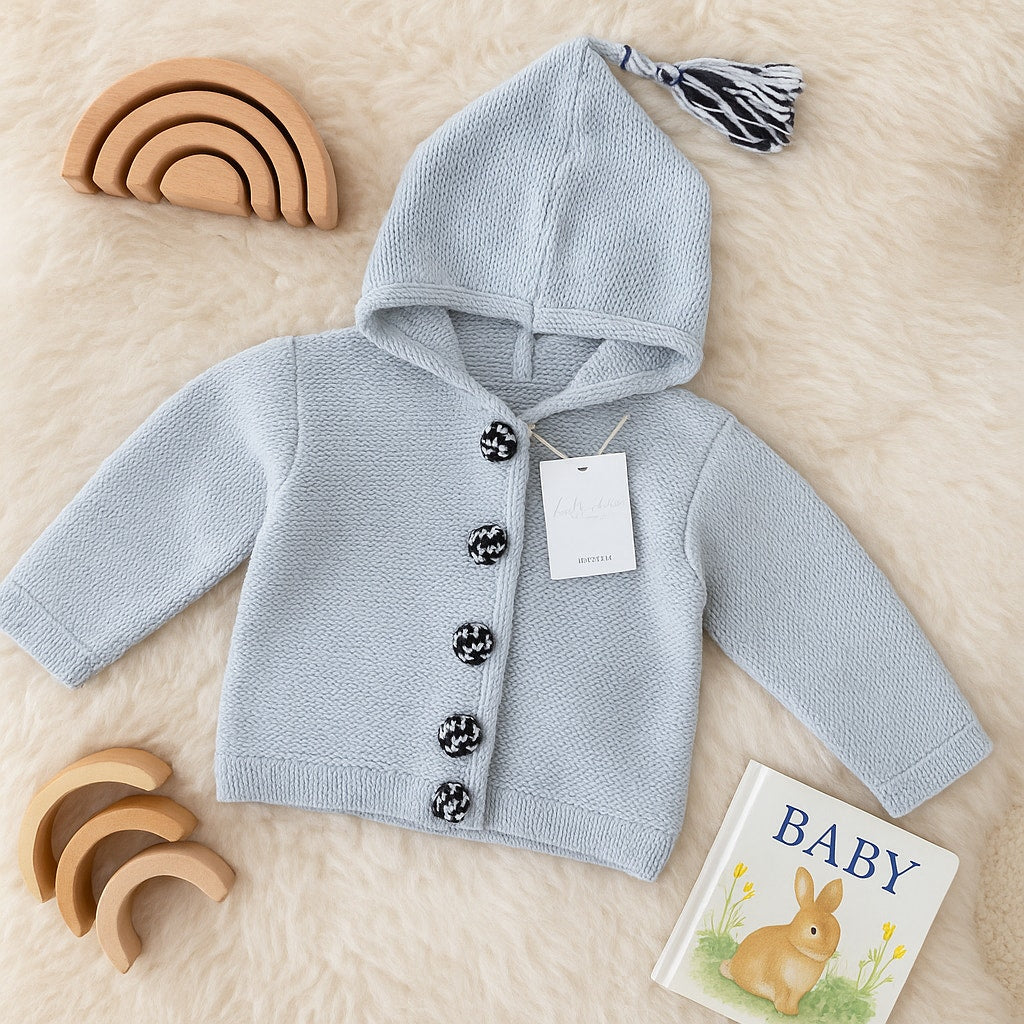 Bella Bliss Baby Blue Hooded Knit Cardigan w/ Pom Pom Buttons & Tassel | Size 18M | NWT
