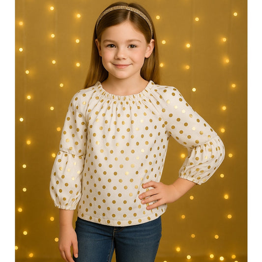 Crewcuts Elaine Bubble Sleeve Blouse – White Cotton with Shiny Gold Polka Dots, Long Sleeve Party Top | Girls Size 10
