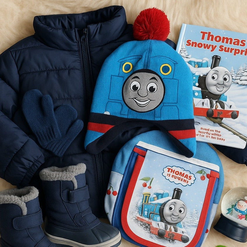 Thomas & Friends Toddler Beanie Hat | Blue Red Pom Pom Fleece Lined | Winter Snow Gear