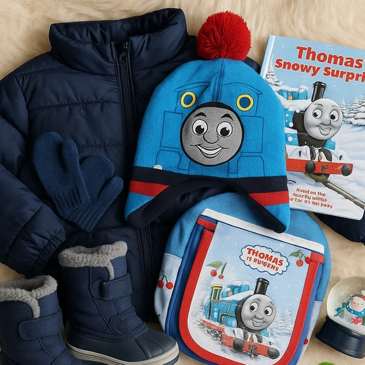 Thomas & Friends Toddler Beanie Hat | Blue Red Pom Pom Fleece Lined | Winter Snow Gear