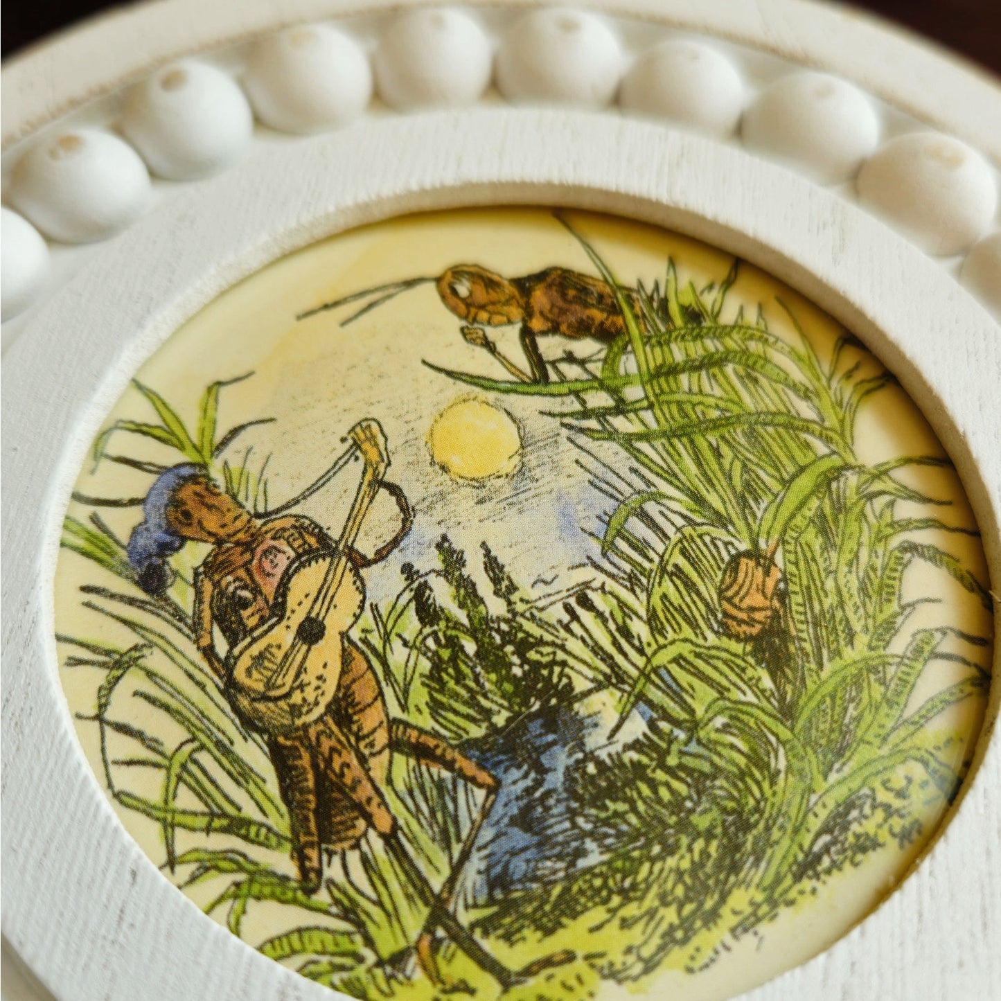 3x3 Grandville Anthropomorphic Grasshopper Framed Print | 3x3 Round Frame