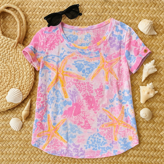 Lilly Pulitzer Inara Linen Top | Paradise Pink Bohemian Beach Starfish | Women's Size M