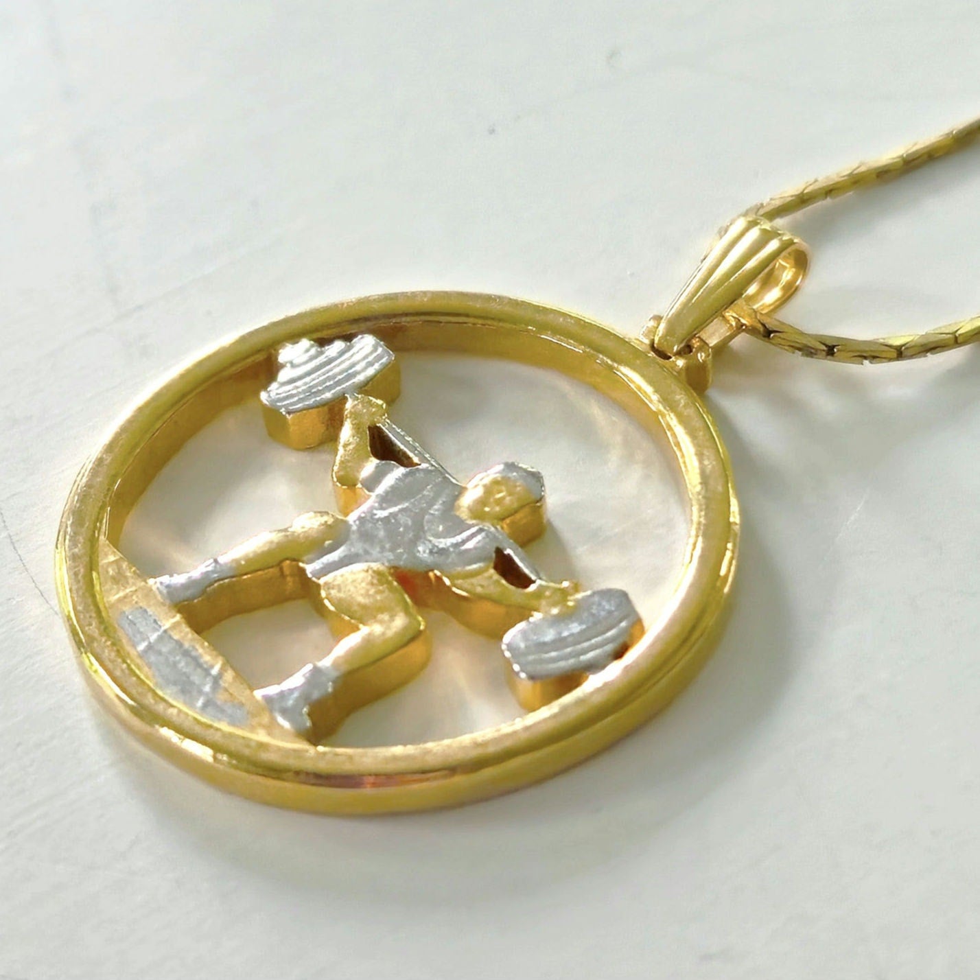 Vintage Minimalist Weightlifter Pendant Necklace | 1980s Sculptural Gold Luxury Fitness Aesthetic