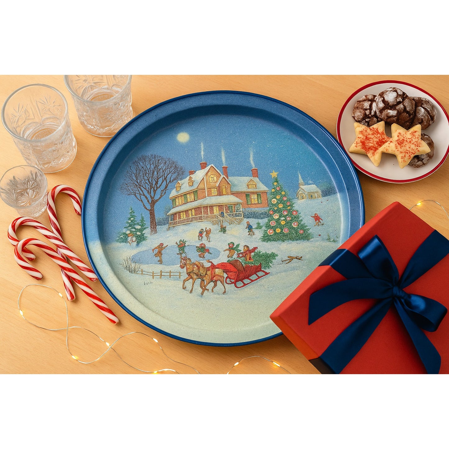 Vintage 1980s Potpourri Press Christmas Tray – Winter Scene with House, Sleigh & Tree, Signed WIM Schimmer, Holiday Home Collectible