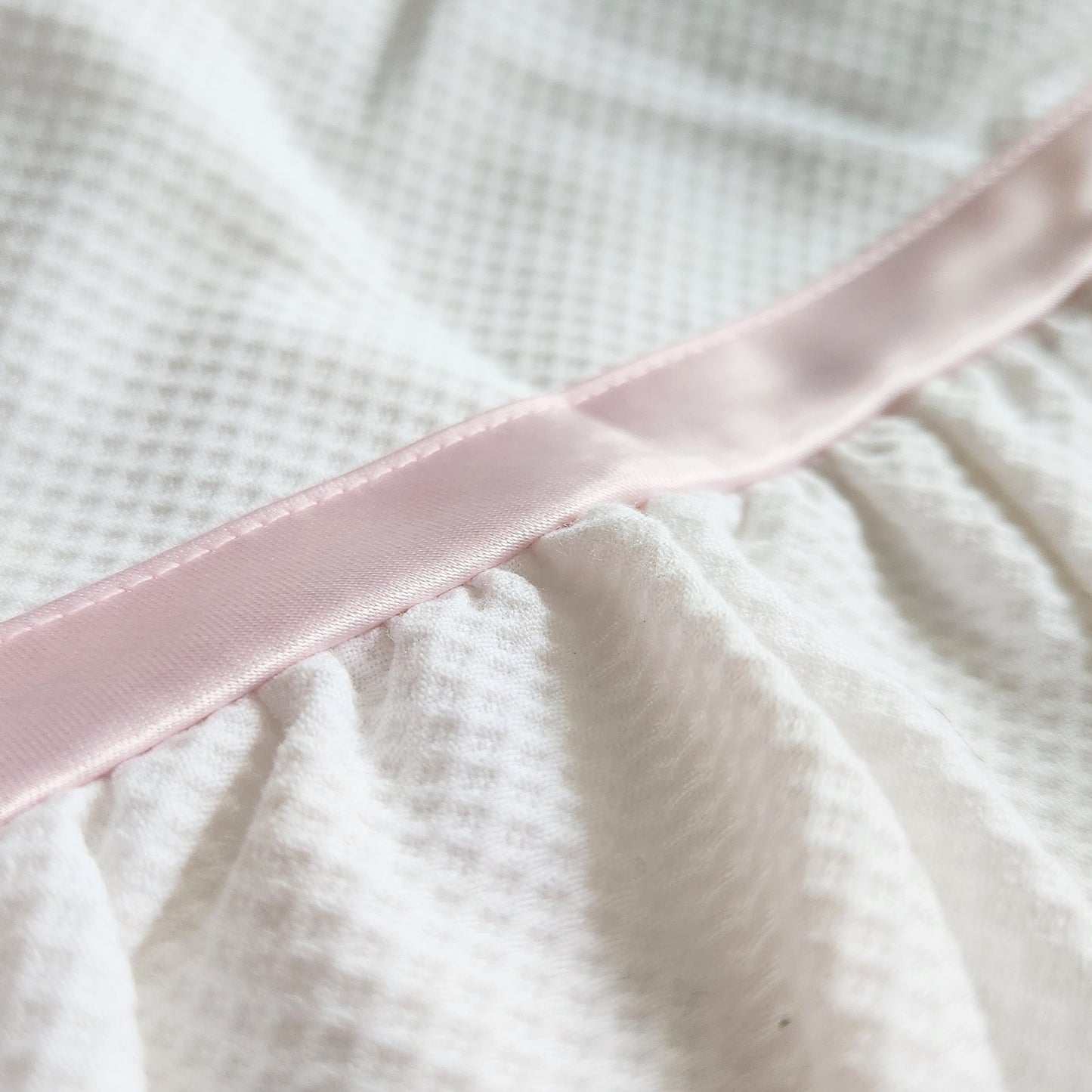 Little Bitty Vintage 1980s Baby Girl Dress 18M – White Waffle Weave with Pink Ribbon, Sailboat & Bear Applique, Eyelet Trim, Made in USA