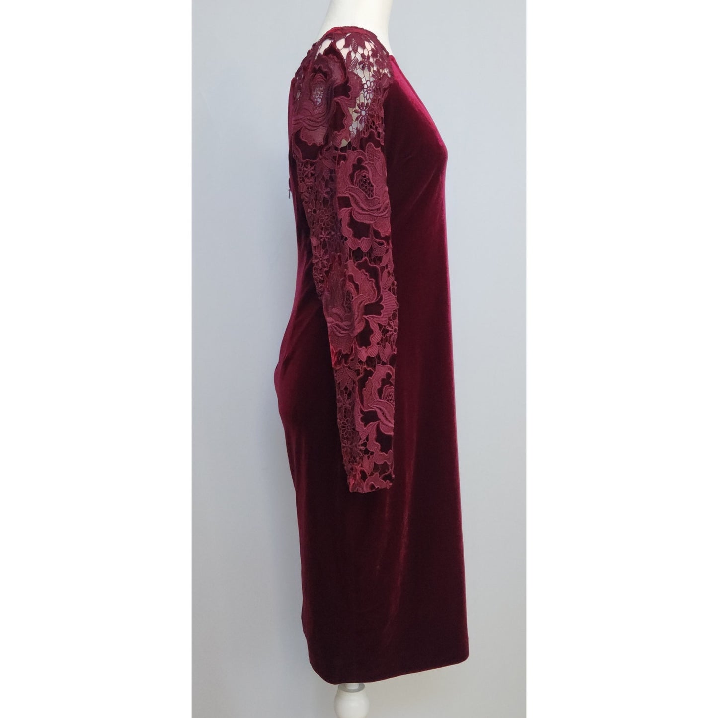Badgley Mischka Burgundy Velvet Lace Sleeve Cocktail Dress