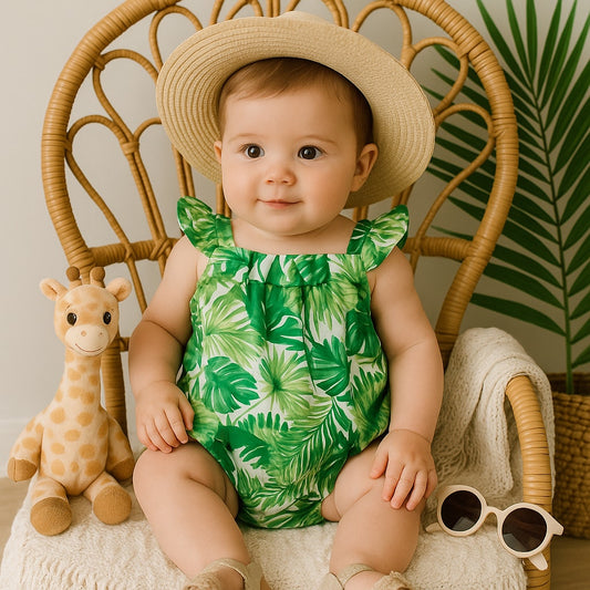 Janie and Jack Palm Leaf Bubble Romper Green Banana Leaf Print | Baby Size 3-6M