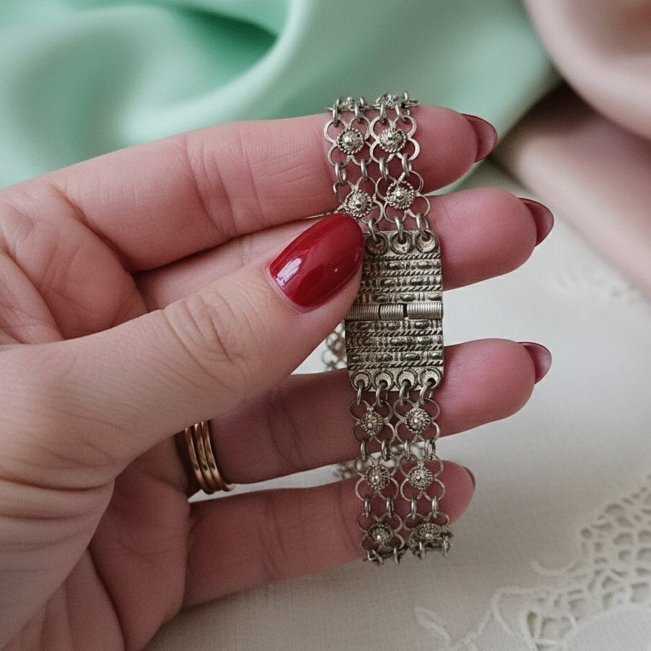 Mid-Century Sterling Silver Filigree Link Bracelet