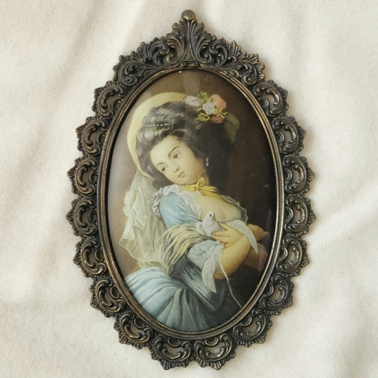 Mid-Century Victorian Lady with Dove Ornate Oval Convex Bubble Glass Portrait