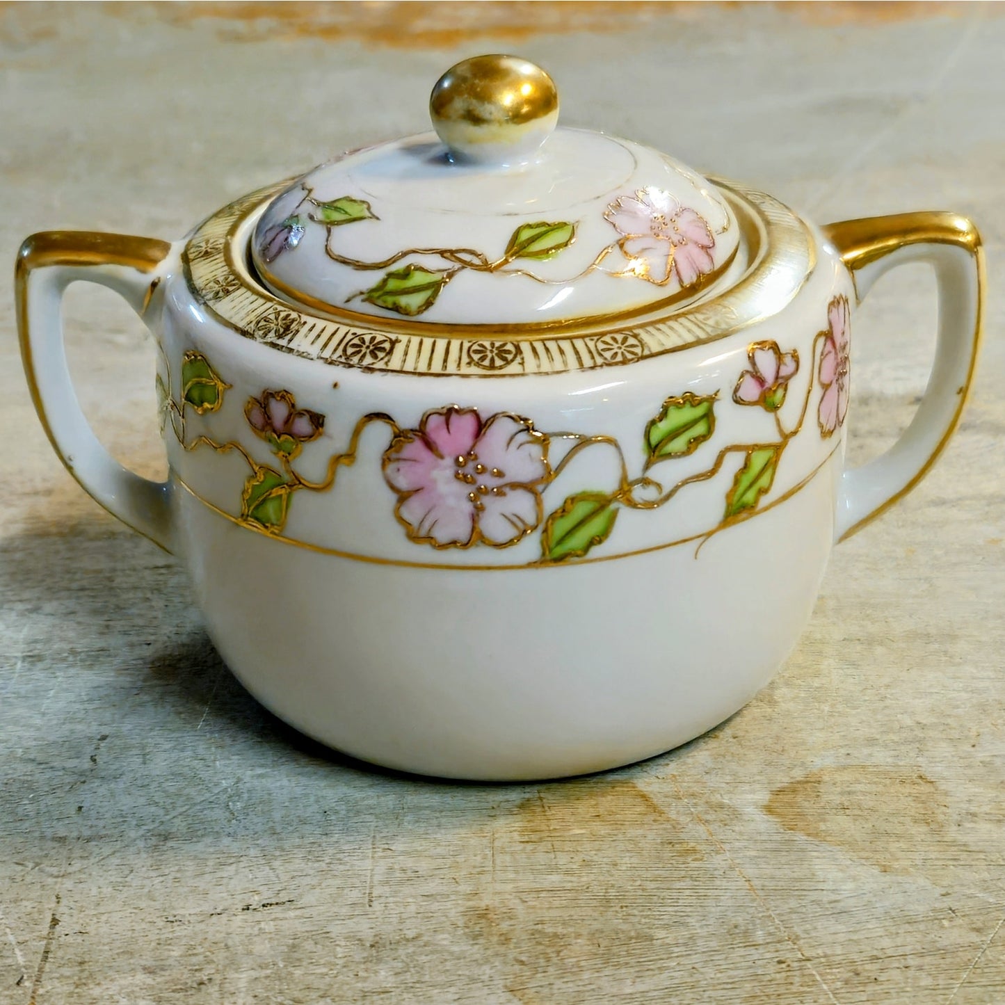 Antique Japanese Nippon Porcelain Cherry Blossom Creamer & Covered Sugar Bowl