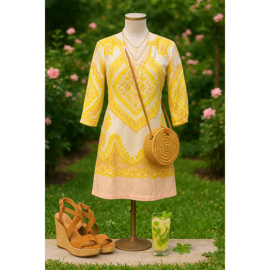 J.Crew Linen Boho Tunic Dress Women’s Size 2 Pink Yellow Ivory 3/4 Sleeve Lined