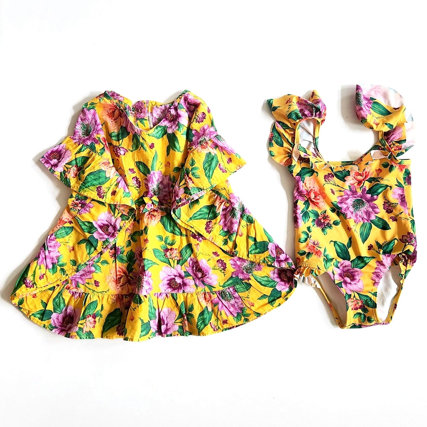 Janie and Jack Girls Floral Ruffle Swim Cover-Up & Recycled Flutter Sleeve Swimsuit Set 2T Solar Power Floral