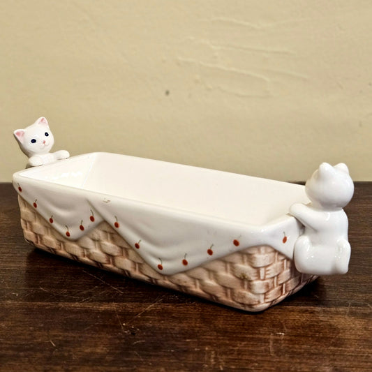 Vintage 1980s Cats & Cherries Ceramic Basket Cottagecore Planter Trinket Dish