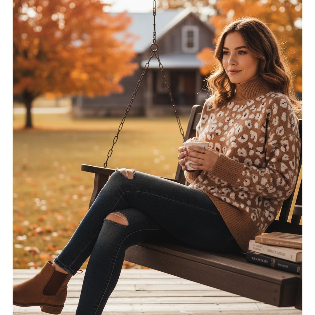 Leopard Print Mock Neck Sweater | Tan & White Metallic Accent | Women's M