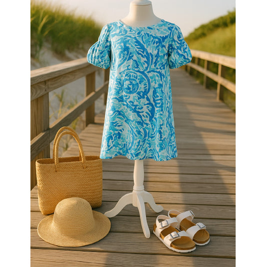 Lilly Pulitzer Girls Mini Linden Dress | XL 12-14 | Bennet Blue Shell Print Puff Sleeve Cotton