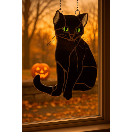 🐾 Vintage Burmese Black Cat Stained Glass Suncatcher – Green Eyes, Wire Whiskers, Artisan 1970s | Home Decor